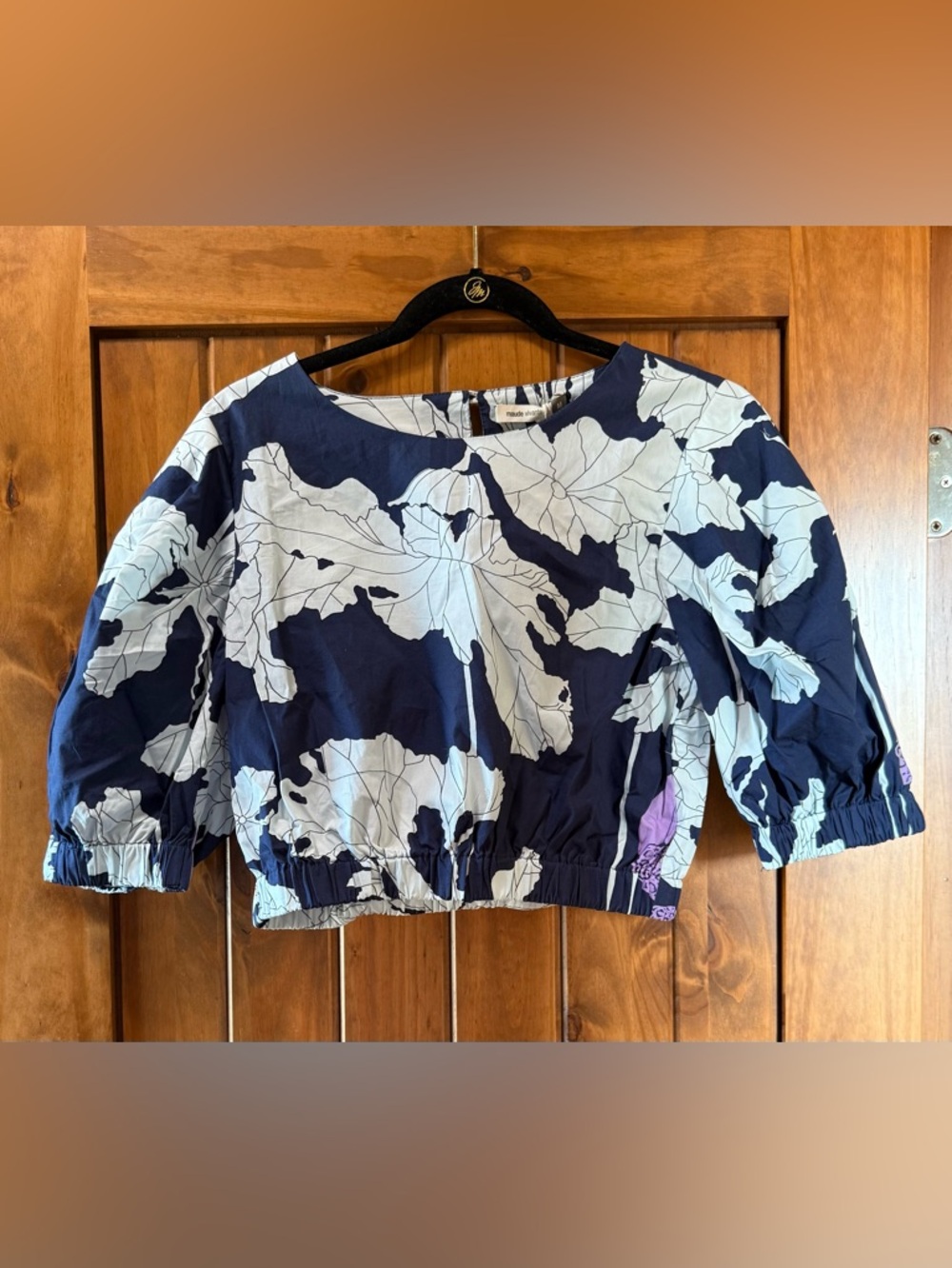 Navy and White Floral Elastic-Hem Crop Top